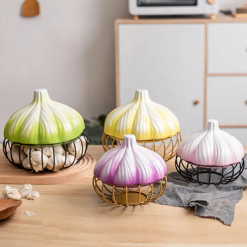 

Onion, ginger and garlic storage basket kitchen ceramic egg blue ginger and garlic home wrought iron hollow storage with cover