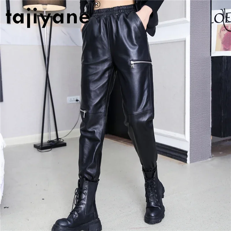 

Tajiyane Cargo Pants Women Genuine Leather Pants Woman Real Sheepskin High Waist Trousers Korean Style Mujer Pantalones TN2418