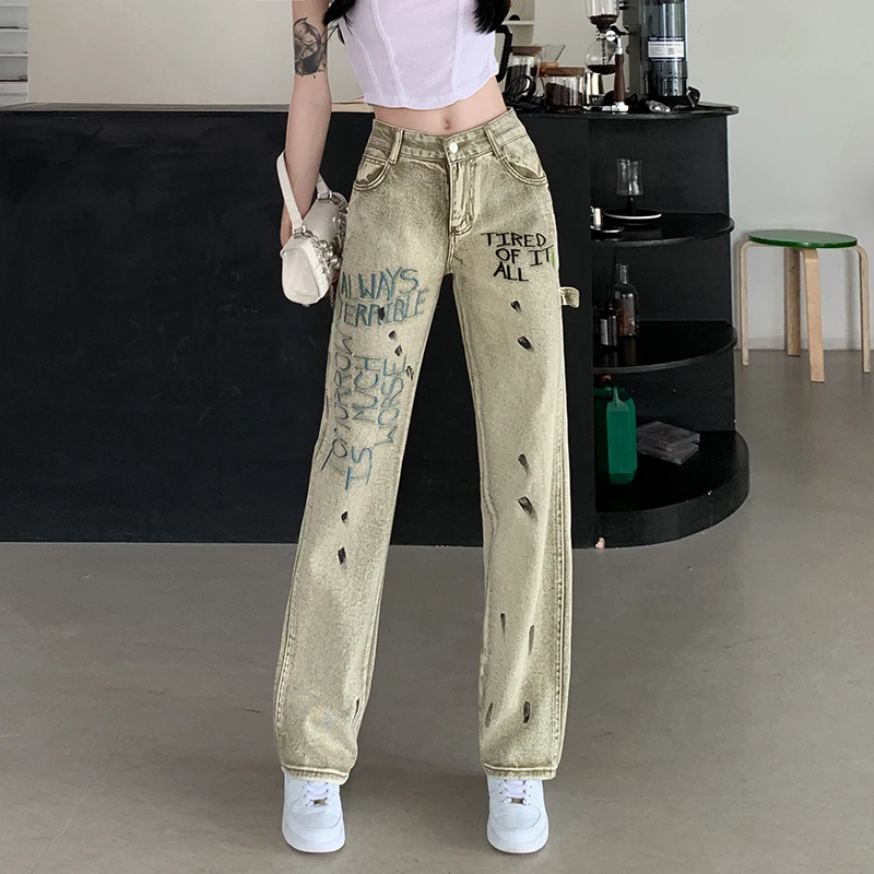 

Retro Graffiti Alphabet Embroidery Jeans Woman High Waist Button Zip Loose Washed High Street Hip Hop Straight Trousers Trend