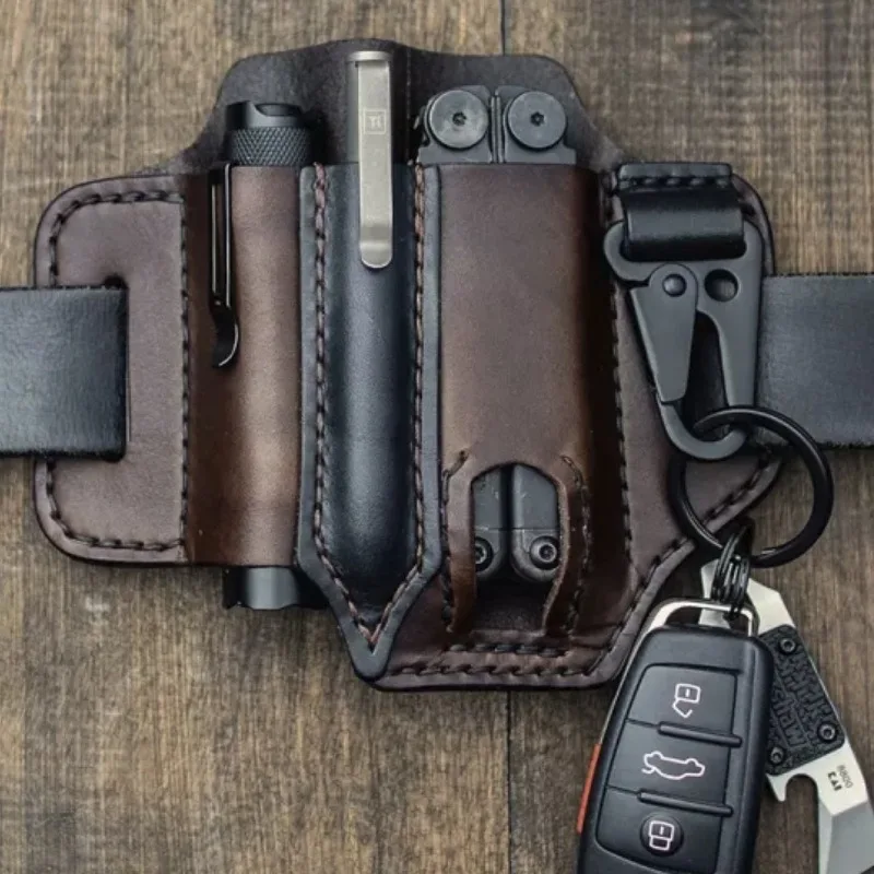 

Genuine Leather EDC Tactical Multifunctional Waist Bag / Tools Kit Case with Snap Hook / Carabiner