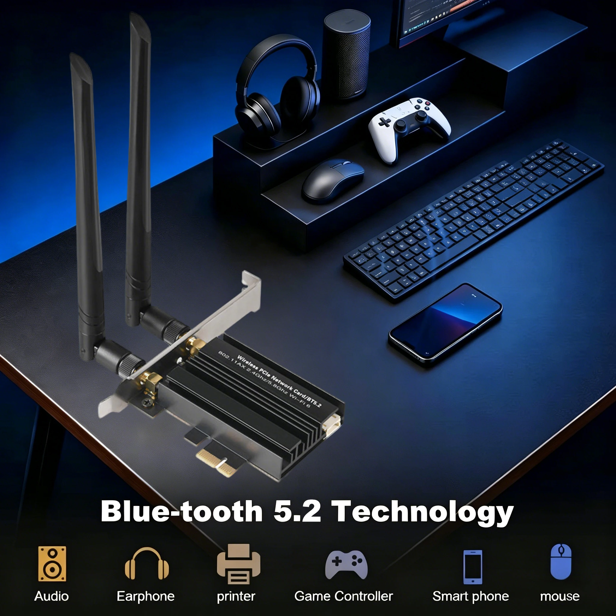 Kebidu WiFi 6E AX5400 PCIe 어댑터 블루투스 5.2 트라이 밴드 2.4G/5G/6GHz 802.11AX 네트워크 무선 수신기 MU-MIMO for Win 10/11