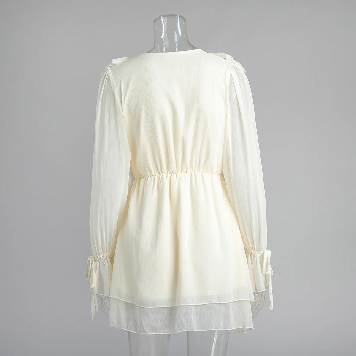 Elegant Chiffon Dress - Womens Spring Deep V Neck Lantern Sleeve Ruffle Tie Waist Skirt