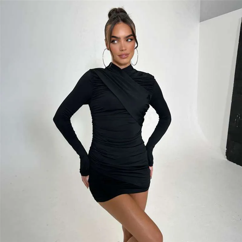 

Ruched Peach Hip Bodycon Midi Dress Women Elegant Solid Slanted Patchwork Turtleneck Long Sleeve Fall Chic Slim Streetwear