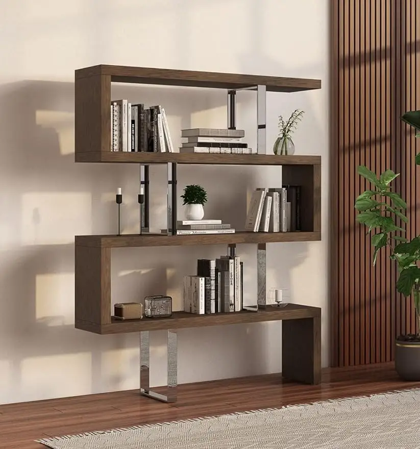 

The Callista Collection Modern White Wood and Metal Storage Shelf Contemporary Zig Zag Bookcase, Walnut