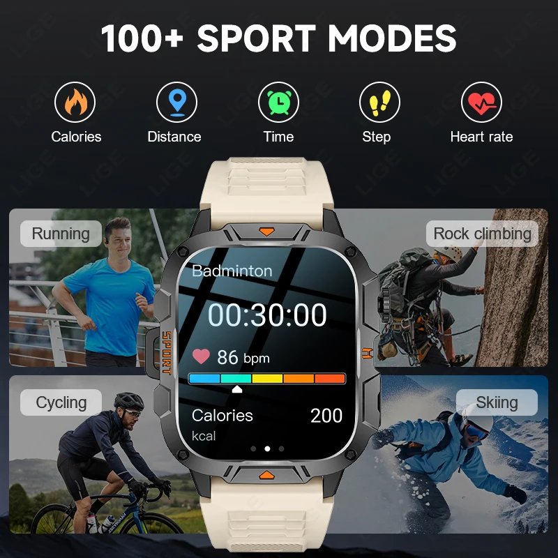 LIGE 5ATM Outdoor Sports Smart Watch GPS Trackr Flashlight 1.96 HD Display Screen Bluetooth Call Fitness Watches For Android IOS