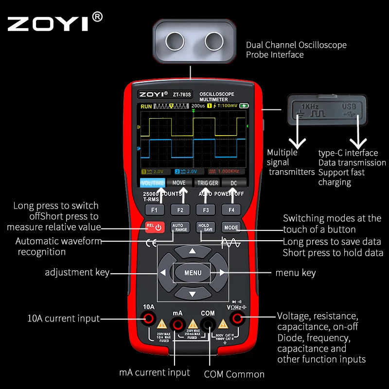 ZOYI ZT703S 3in1 Digital Multimeter 50MHz Bandwidth 280MS Rate PC Waveform Data Storage Dual Oscilloscope Signal Generator 2