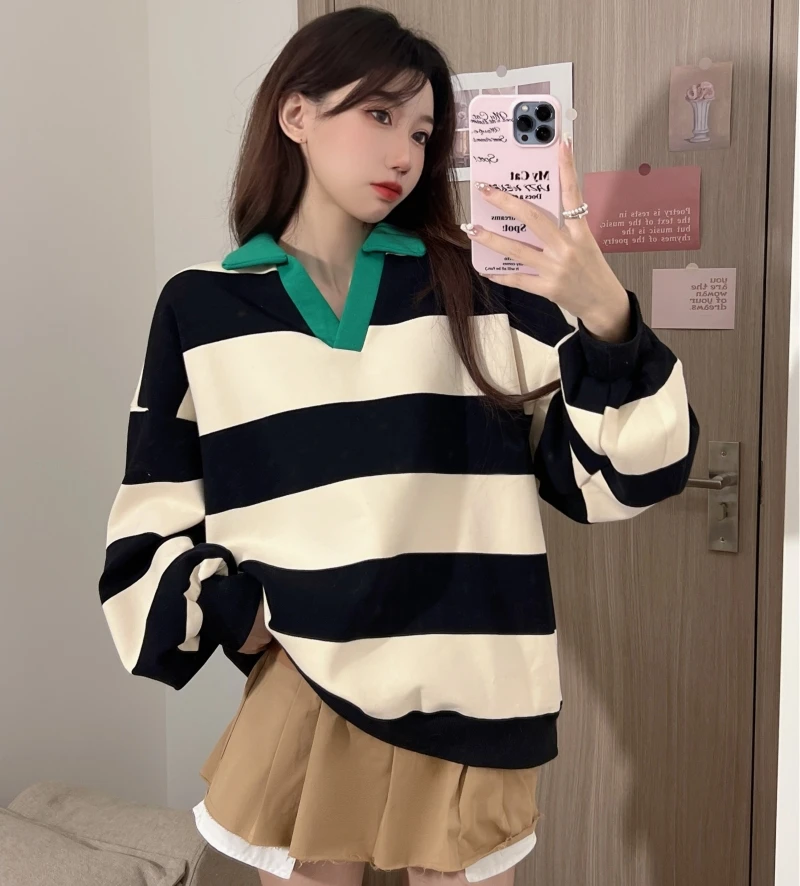 

Autumn Winter Clothes Korean New Black White Striped Long Sleeve Oversize Sweatshirt Retro Casual Tops Harajuku Pullover I717