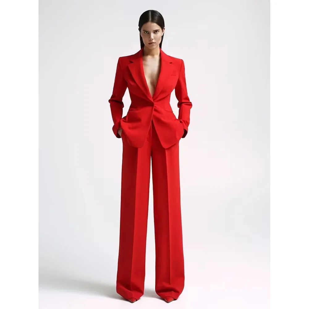 Women Suits 2 Piece Chic Notch Lapel One Button Solid Slim Wear Elegant Smart Casual Daily Formal Office Lady Pants Sets