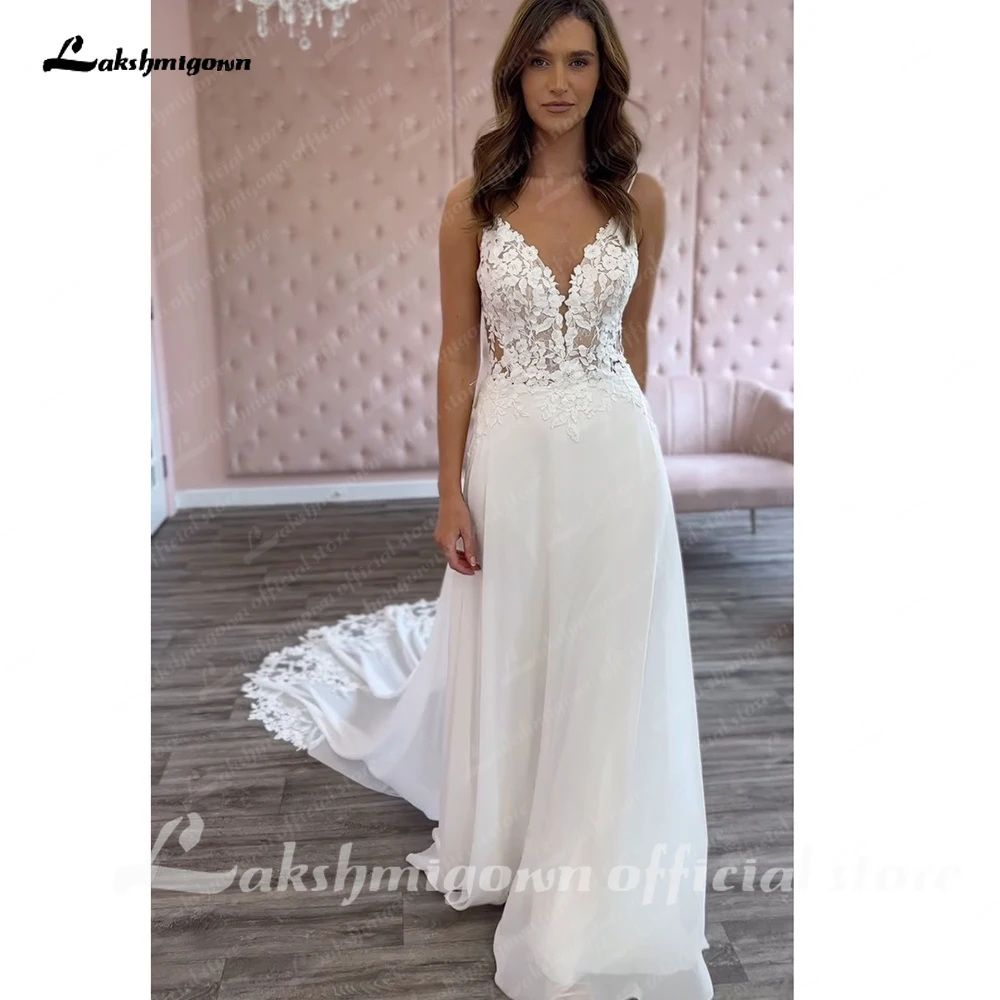 Lakshmigown Spaghetti Straps Chiffon Lace V Neck Wedding Dress for Bride Bohem Reception Bridal Gown vestidos de boda Customized 3