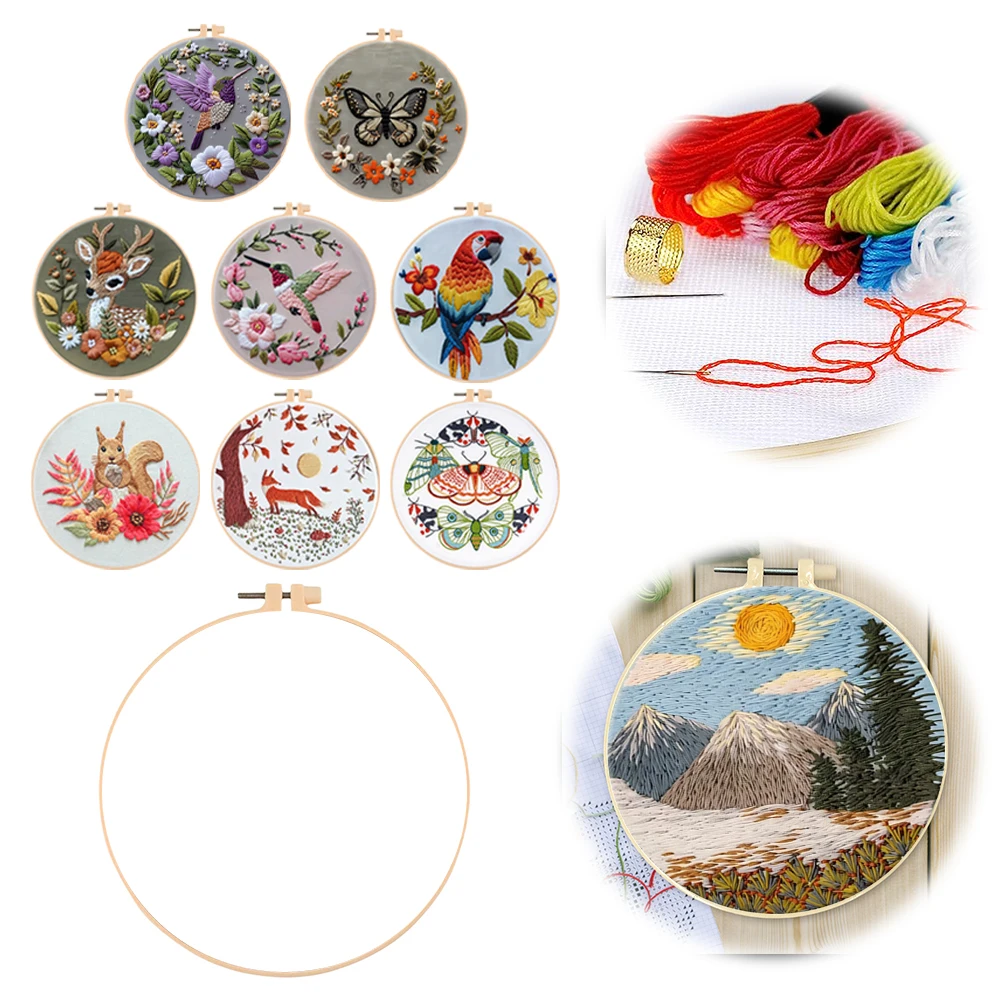 Flower Animal Handmade Embroidery Kit with Pattern Cotton Threads Needles Hoop Handmade Sewing Art Craft Kit for Beginners