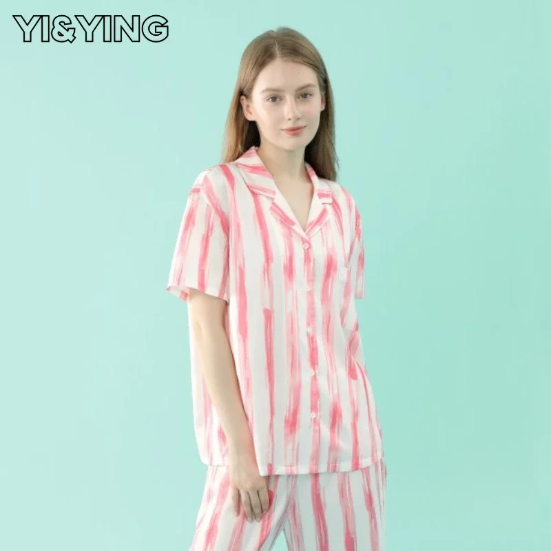 

[YI&YING] 2023 Spring/Summer New Women's Pajama Set Fashion Stripes Big Brand Comfortable Home Suit Imitation Silk Set YA2C052-H