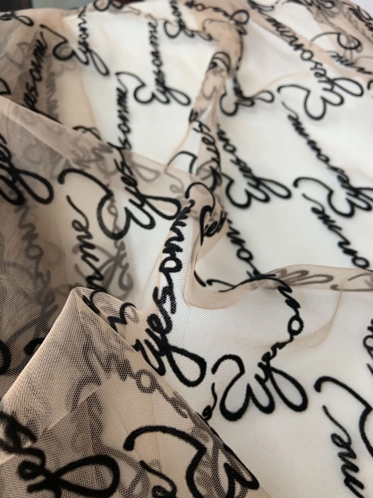 

5 Yards Nude Tan Velvet Words Tulle Lace Fabric with Embroidered Script Eyes On Me Mesh Gauze for Haute Couture Clothes