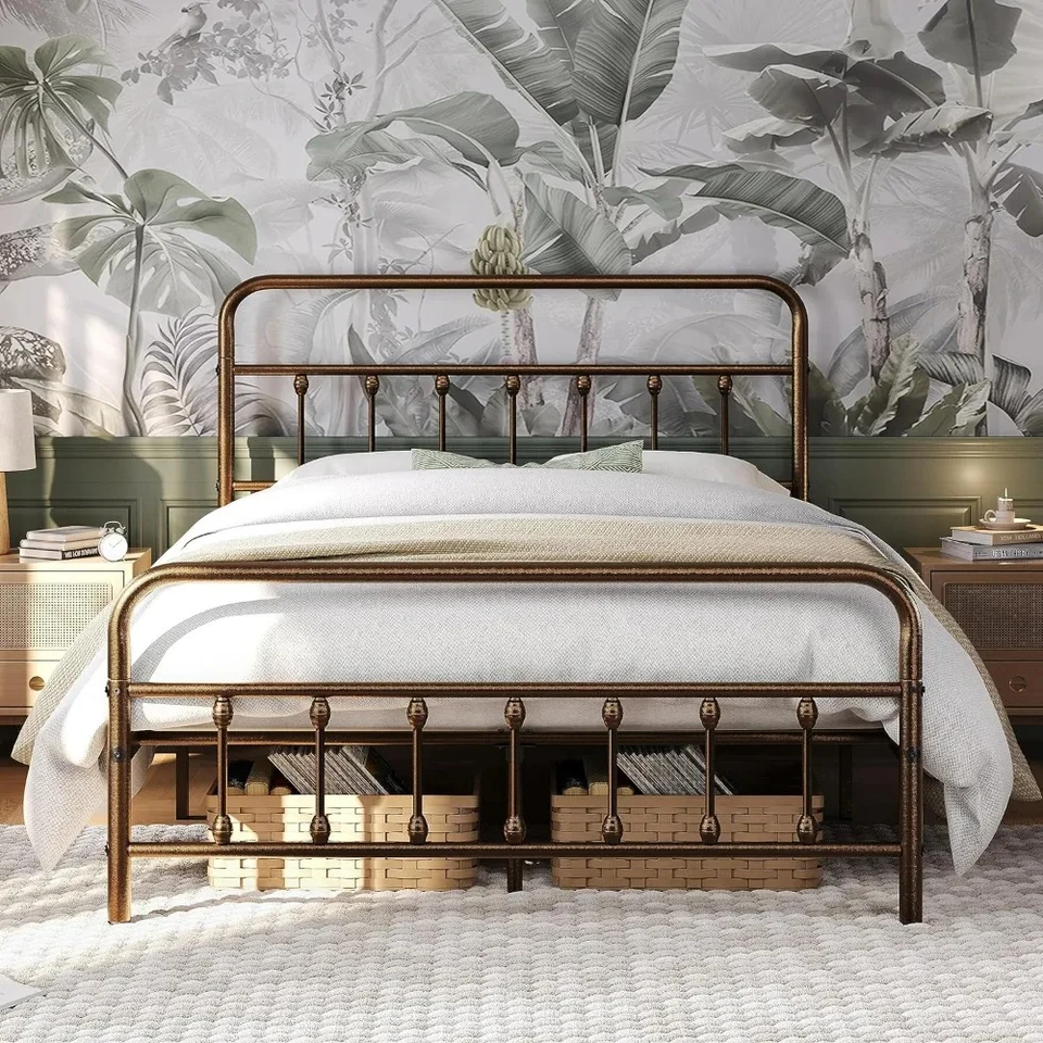 Telaio Letto Matrimoniale In Metallo 30,5 Cm Con Testiera Vittoriana Vintage, Base Per Materasso Senza Rete, Facile Montaggio