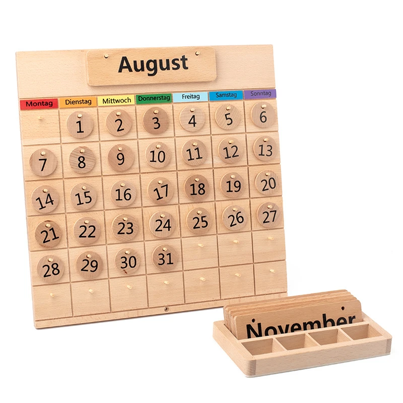 Montessori Houten Duitse Kalender Leren Speelgoed Kinderen Vroege Onderwijs Beuken Tijd Cognitie Parochie Leermiddelen| - AliExpress