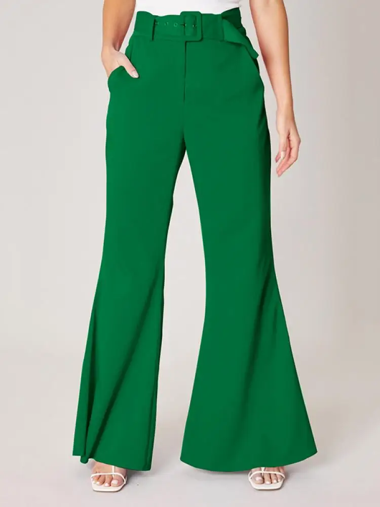 

Freeacy Women's Solid Color Wide Leg Suit Pants High Waisted Pocketed Flared Pants Formal Wear for Office Lady Commuter Bottom