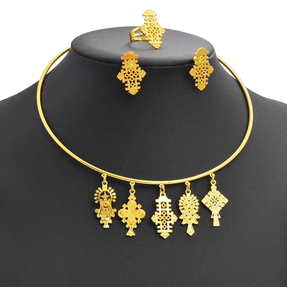 Ethiopian Eritrean Jewelry Set - Bright Gold Plated Bridal Wedding Set With Hair Accessories, African Style - View #2