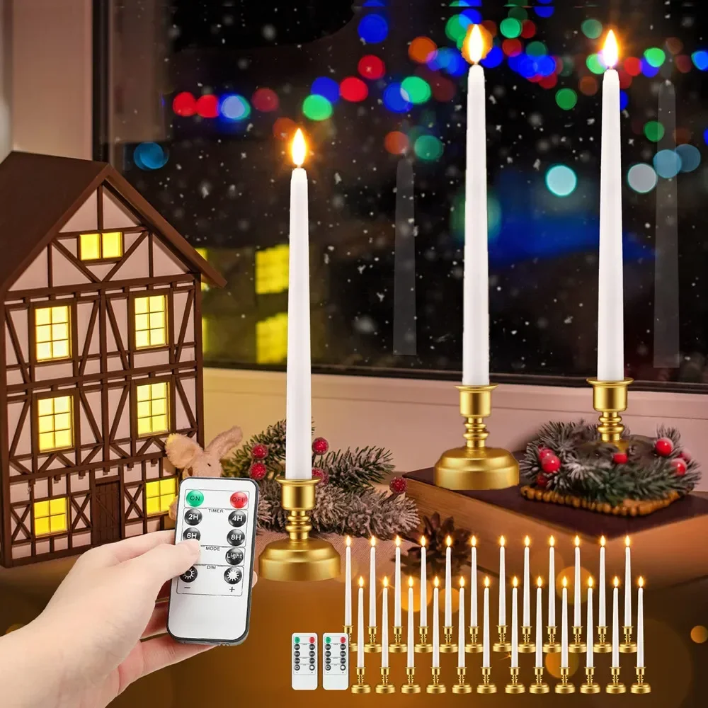 

Set of 12 Flameless LED Taper Candles with Remote Holder Battery Operated Flickering Electronic Candle Xmas Home Dinner Decor