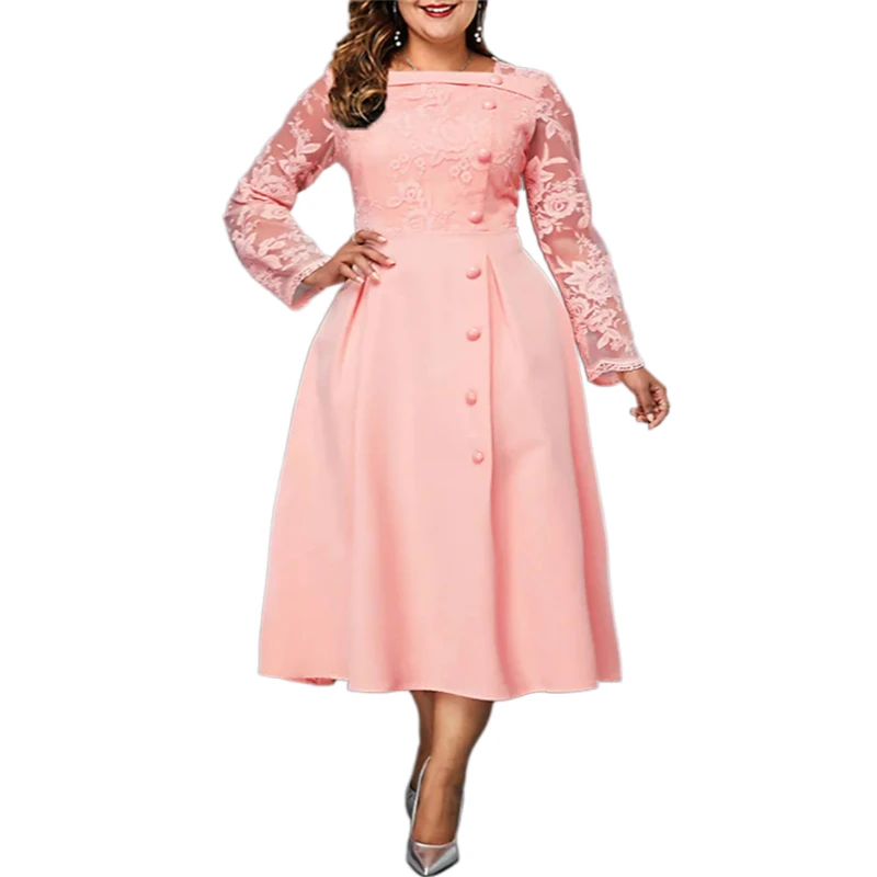 

Plus Size Women Dress Patchwork Lace Long Sleeve Swing A-Line Work Dresses Square Neck Buttoned Elegant Formal Midi Runway Dress