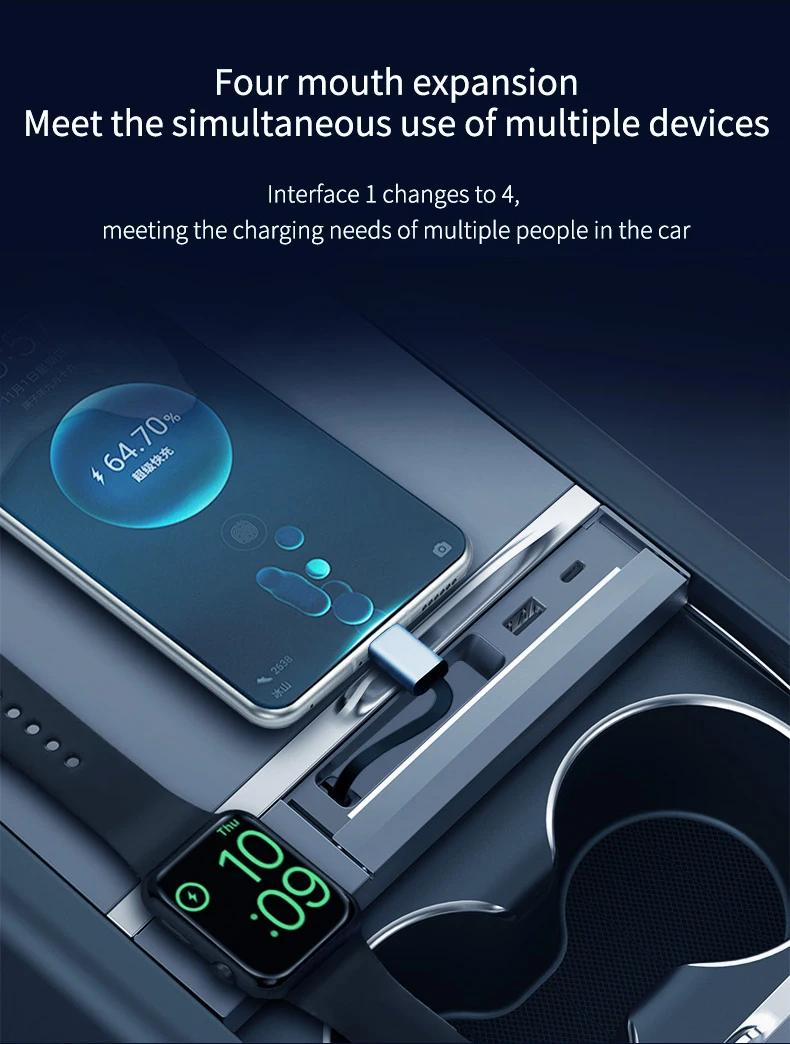 For New Tesla Model Y/3 USB Hub 27W 3 in 1 Docking Station with retractable cabl