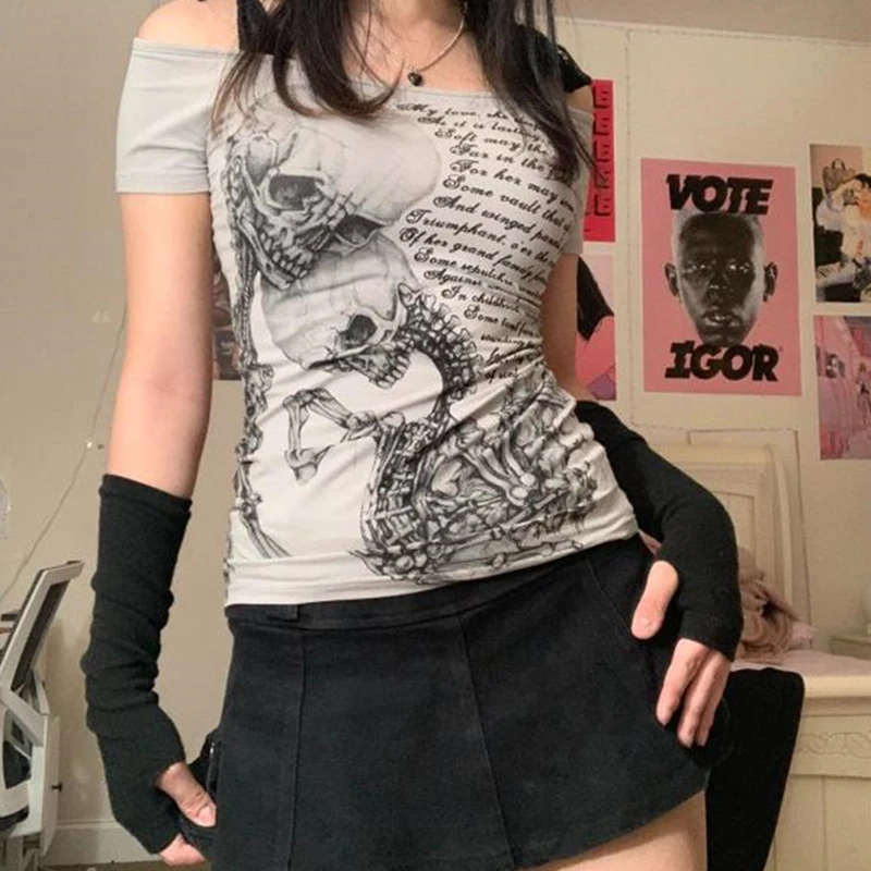 Goth Skull T Shirt 2000s Aesthetic Women Grunge Fairy Core Off Shoulder Short Sleeve Tops Graphic Tee y2k Streetwear
