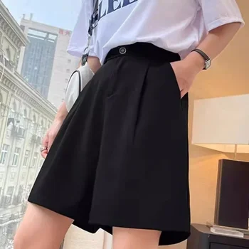 Women's Spring High-waisted Slimming A- line Black Shorts 2024 Casual 5-piece Pants Korean Style 1