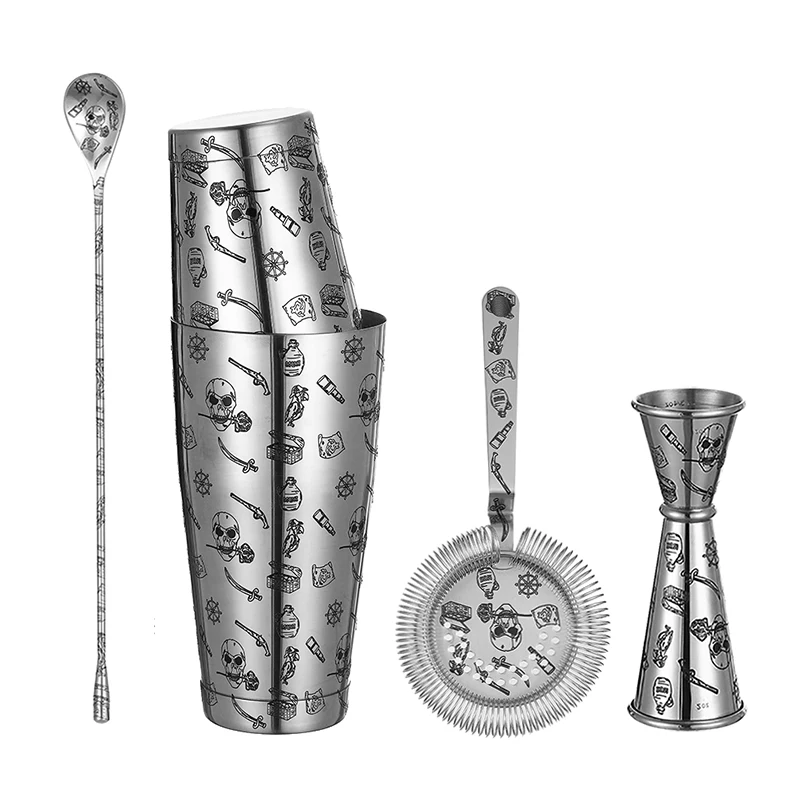 Tattoo Stainless Steel 5 Piece Cocktail Set Tin-on-Tin Shaker, Jigger, Spoon and Strainer Etched W/ Skull Rose /Terra cotta Army