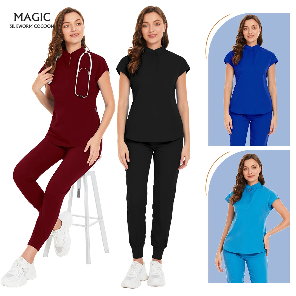 

Women's Uniform V-neck Dentist Tops + Jogger Pants Spa Uniforms Pocket Care Workers T-Shirt Set Health Nurse Working Scrub Suits