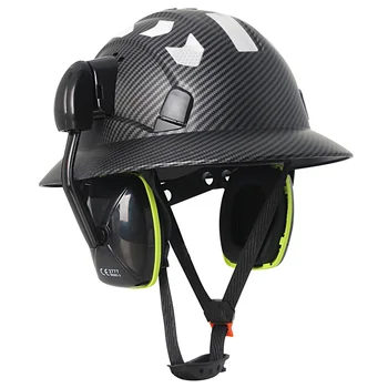 Carbon Fibre Full Brim Safety Cap with Earmuffs