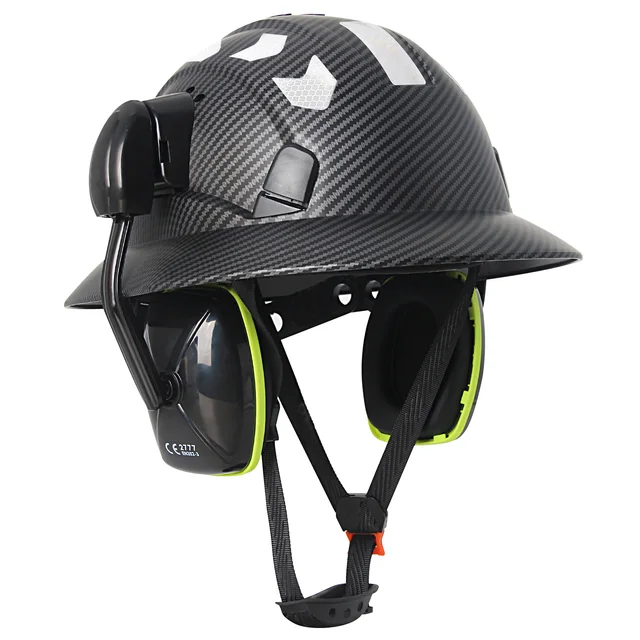 Carbon Fibre Full Brim Safety Cap with Earmuffs