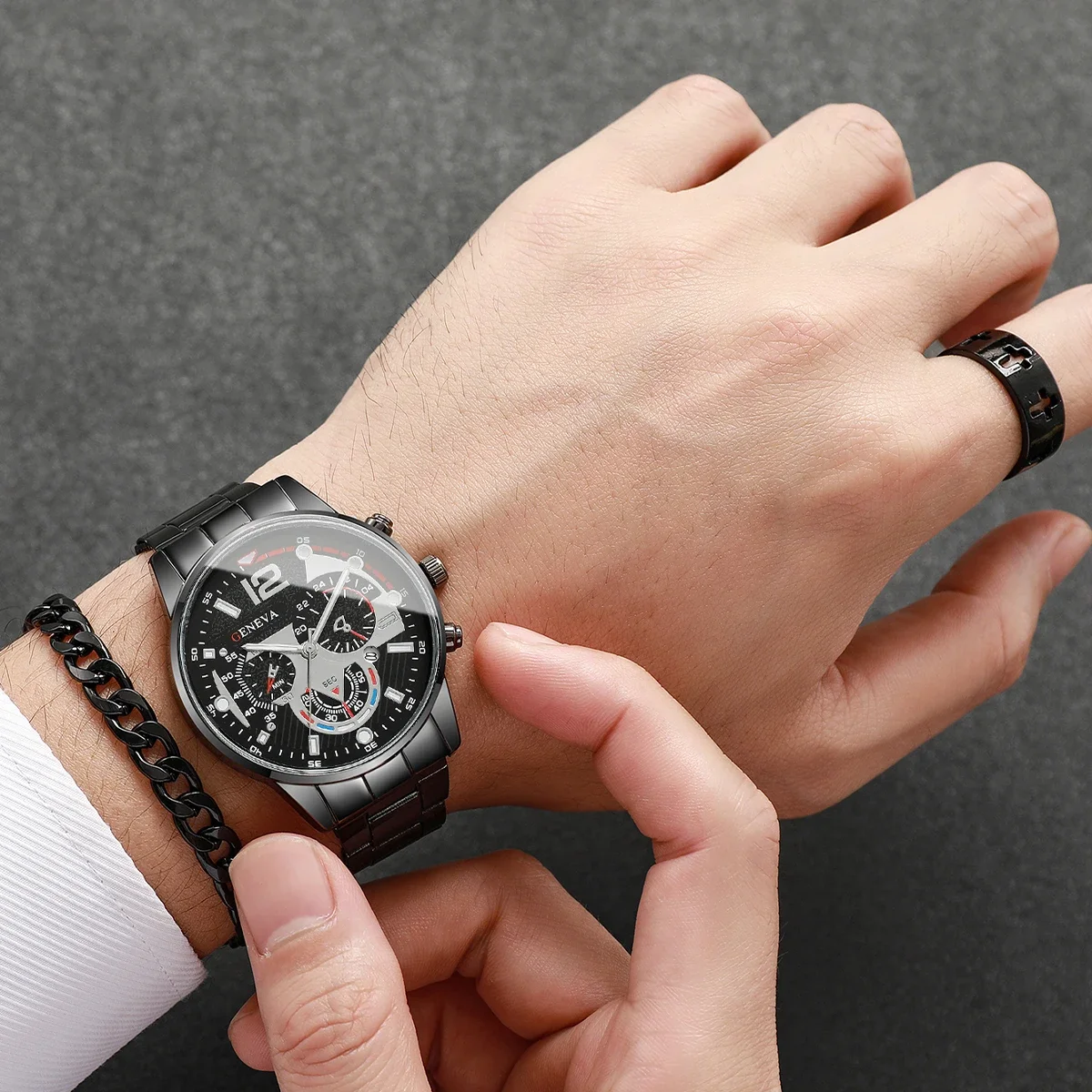 4PCS Mens Business Watch Bracelet Ring Set Analog Mechanical Quartz