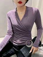 Autumn Spring Crossed V Neck Folds T Shirts Lady Long Sleeve High Stretch Tops Elegant Soft Tee Shirt For Woman HF8705 1
