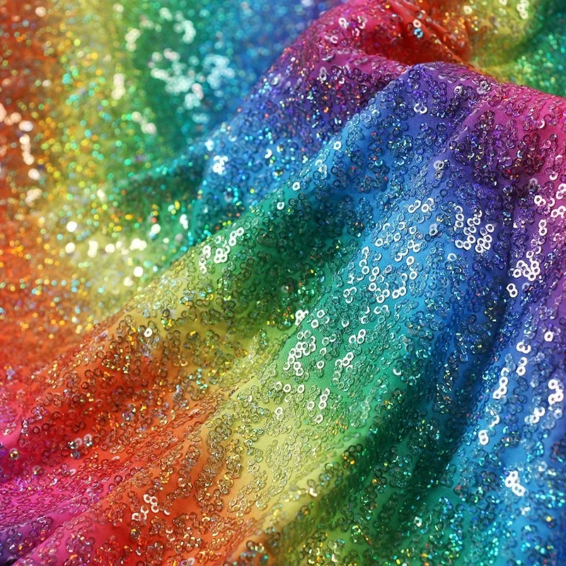 Glitzy Embroidery Sequin Rainbow Printed Stretch Knit Ground For Clothsing Making Party Events Dancewear Fabric