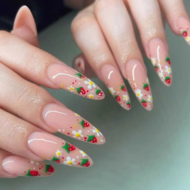 

3D fake nails accessories long french pointed tips strawberry flowers for summer season faux ongles press on false nail supplies