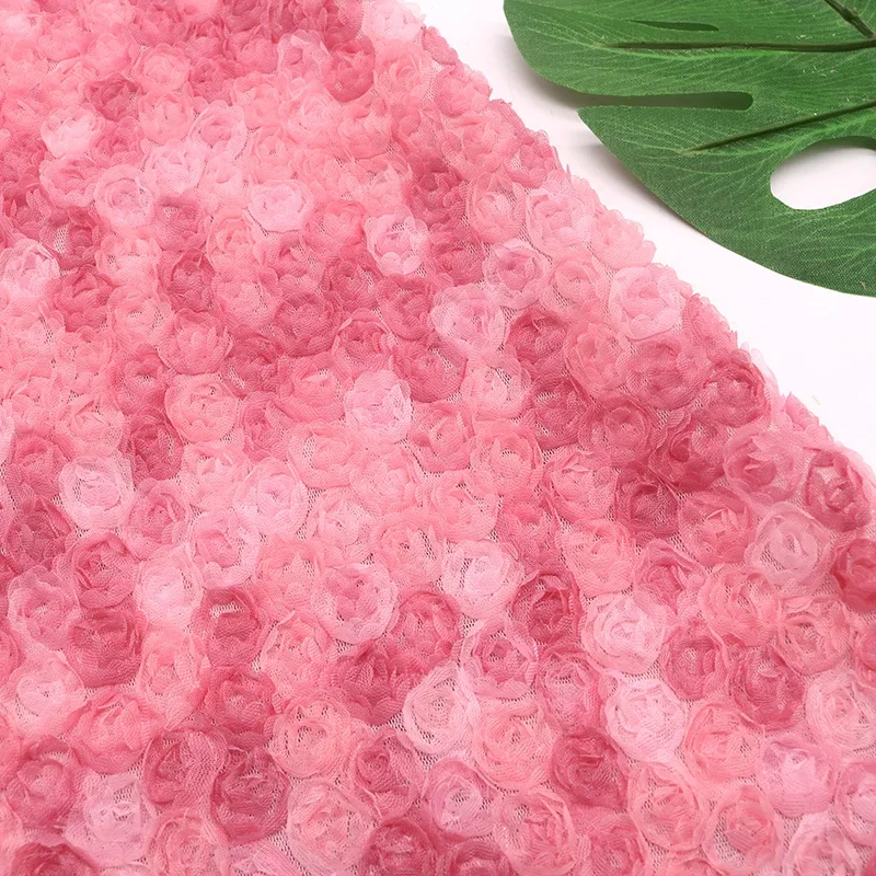 3D Rose Flowers Tulle Fabric Colorful Mesh Exquisite Stretch Three-Dimensional Roses Embroidery DIY Wedding Party Dress Fabric