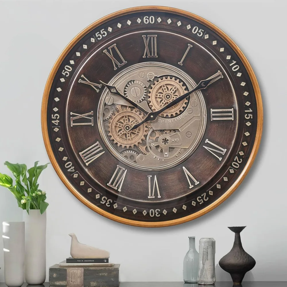 24 Inch Wall Clock ,Oversized Large Industrial Steampunk Wall Clock, Antique Gold Metal Roman Numeral Wall Clocks
