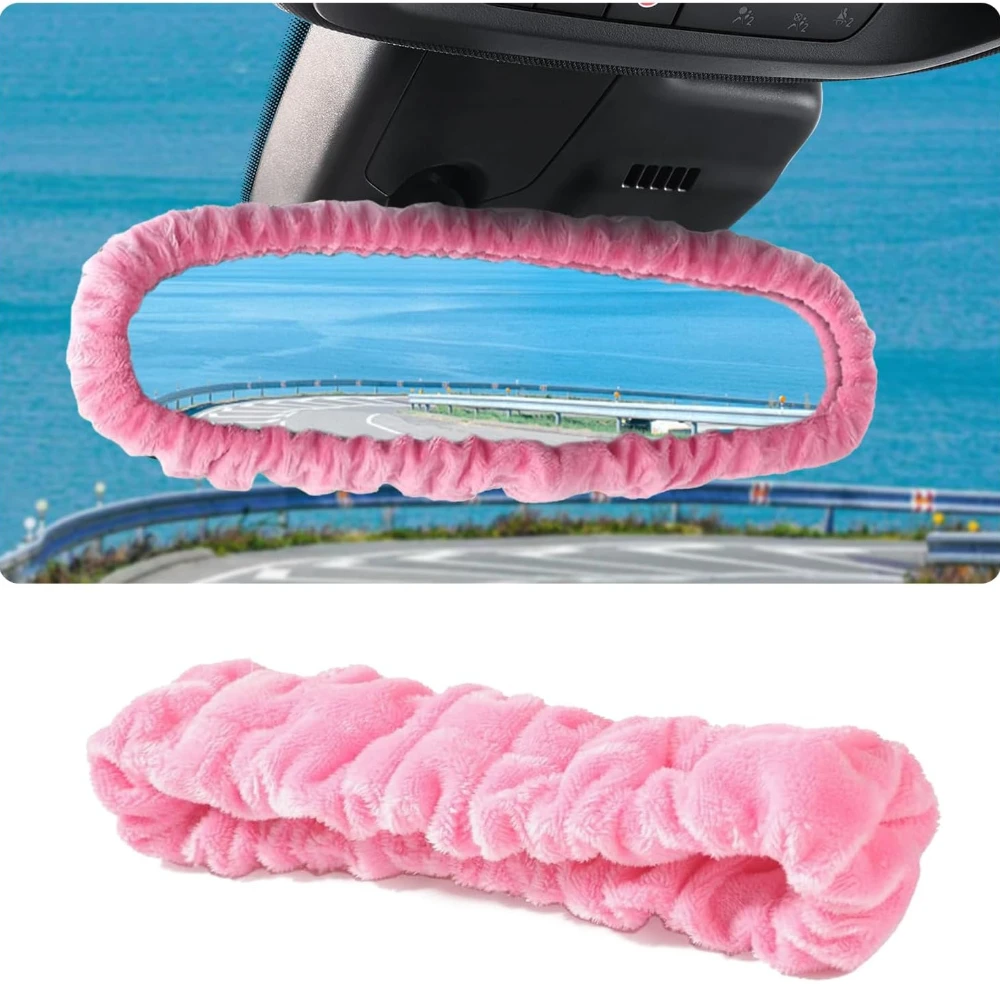 Car Rearview Mirror Cover Pink Plush Elasticity Rear View Mirror Decorative Protector for Cars SUVs Trucks RVs Pink Car