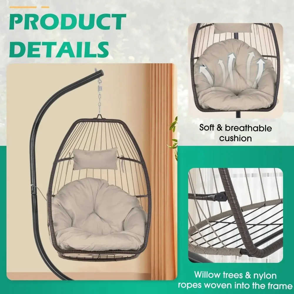 Egg Hanging Chair with Stand Hammock Wicker Basket Hanging Patio Swing Chair UV Resistant Cushion for Indoor Bedroom 2