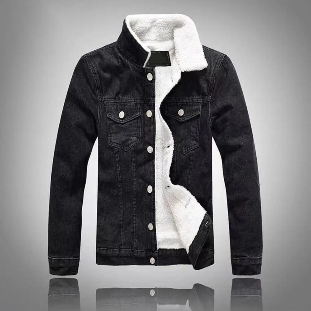 Men Solid Color Jacket Men's Stand Collar Denim Jacket with Thickened Plush Lining Neck Protection Slim Fit for Fall