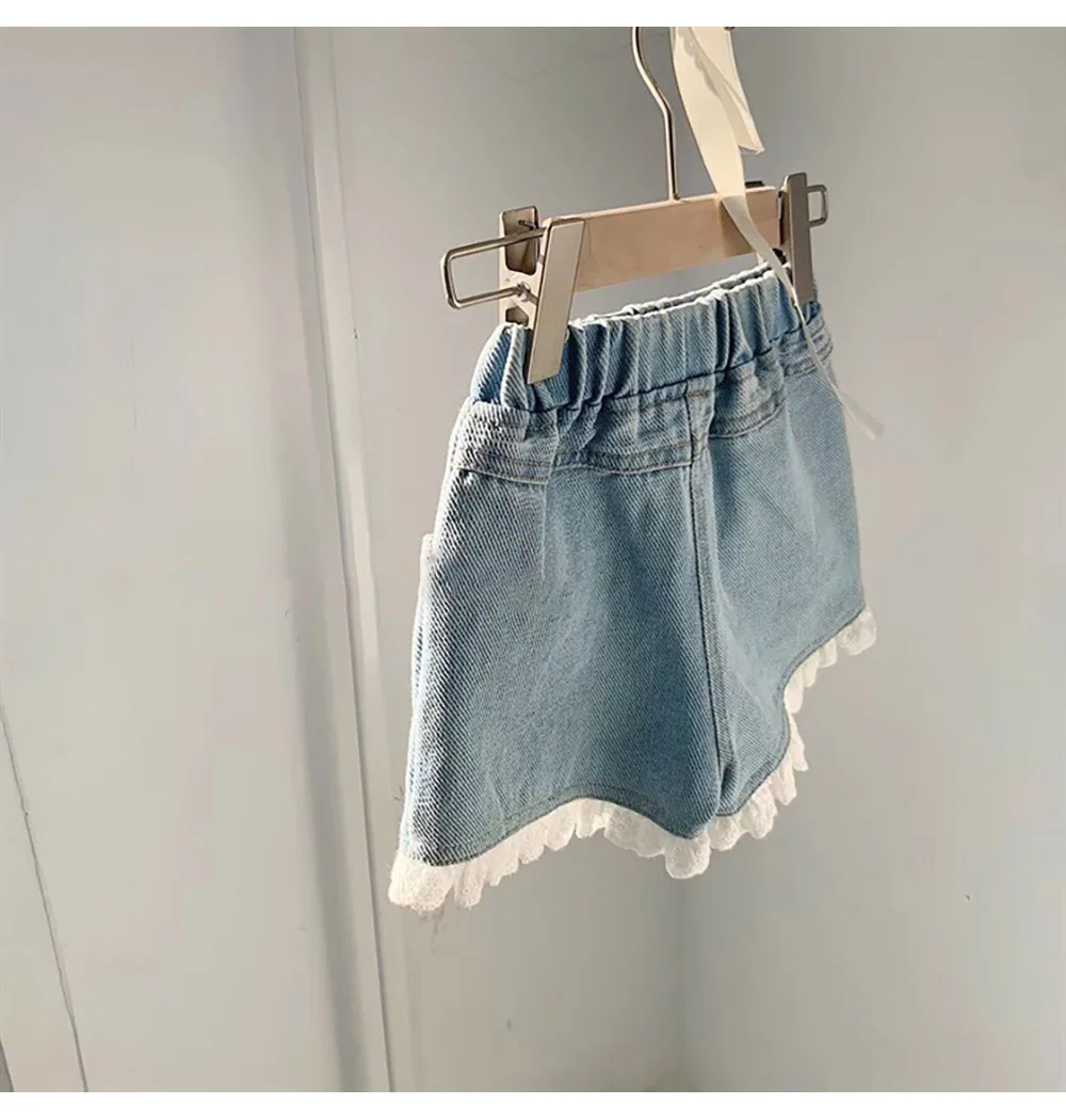 Summer Kids Girls Shorts Korean Style Patchwork Lace Denim Shorts Casual Loose Elastic Waist Ruffles Hot Pants Girl Short Jeans kids shorts