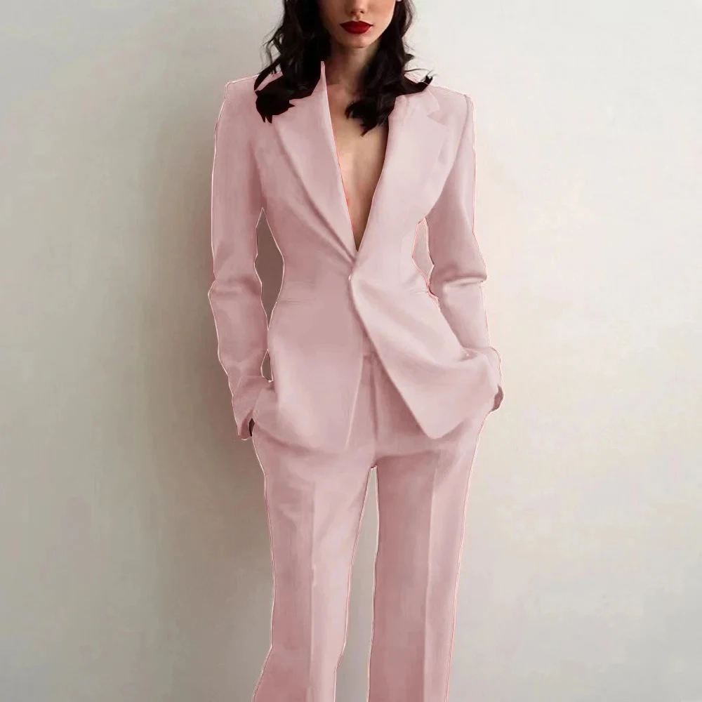 Fashion Notch Lapel One Button Women Suits Two Piece Formal Wedding Party Tuxedo Elegant Daily Casual Office Slim Pants Sets 5