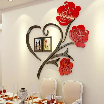 3D Heart Shaped Rose Acrylic Mirror Wall For Living Room Sofa TV Wall