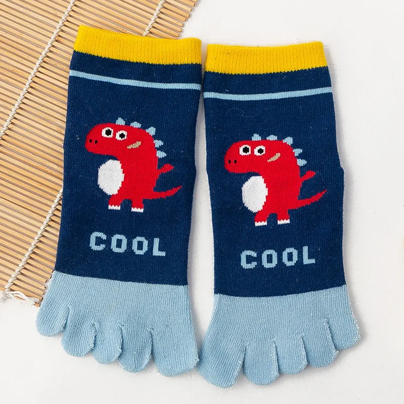 5 Pairs Cute Kids Cartoon Socks with Toes Pure Cotton Dinosaur Pattern 5 Finger Socks Infants Baby Boy Girl Correction Toe Socks