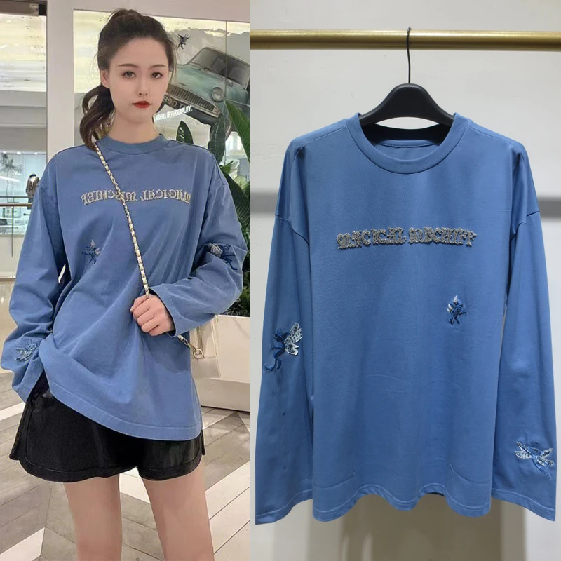 

Autumn New Letter Beaded Loose Blue with Long Sleeves T-shirt Sweatershirt for Women Inner Bottoming Shirt Top for Ladies