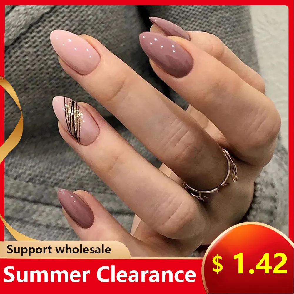24pcs False Press On Nails Pink Color Oval Head Mid-length Wear Finished  Product Wearable Full Cover Fake Nail Tips For Girls - False Nails -  AliExpress