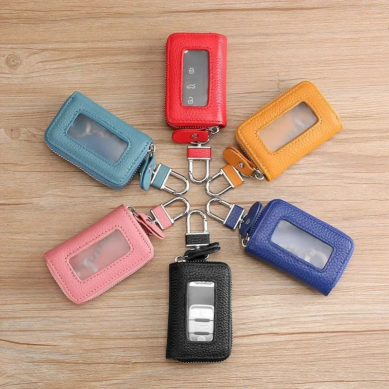 Korean Style Multi-Color Soft Leather Zipper Car Key Case with Transparent Window