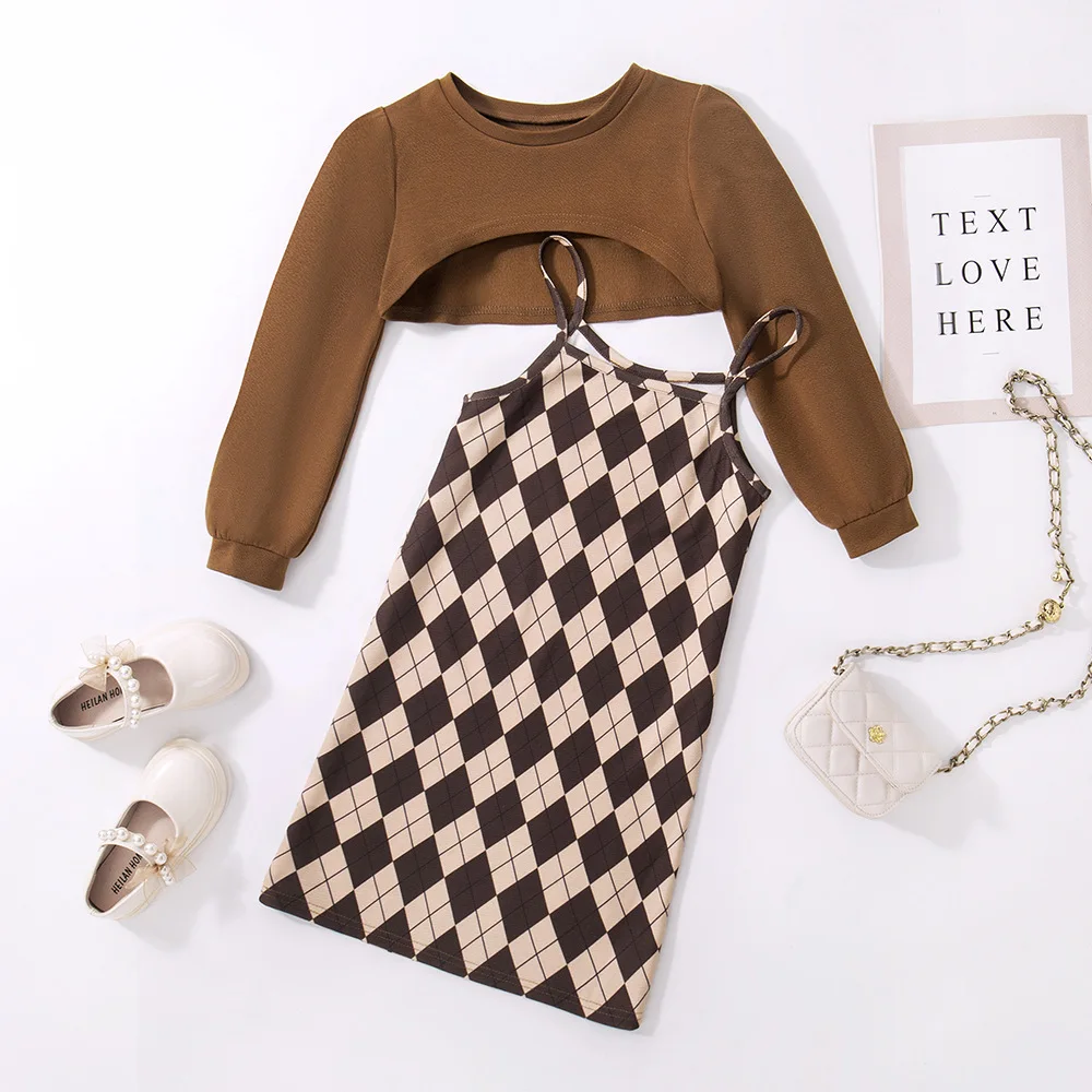 

Kids Girl Autumn and Winter Plaid Dresses Tweed Splice Button Design Irregular Hem Long-sleeve Girl Dress for Black Brown 8-12 Y