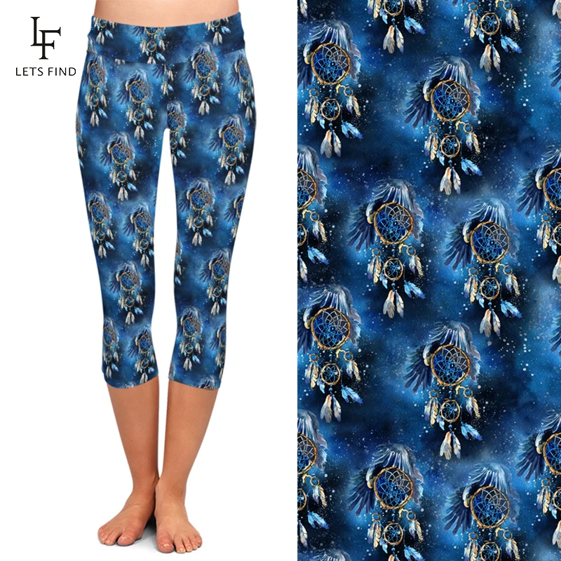 LETSFIND Fashion 3D Dreamcatcher Print Women Capri Leggings High Waist Soft Slim Elastic Mid-Calf Leggings