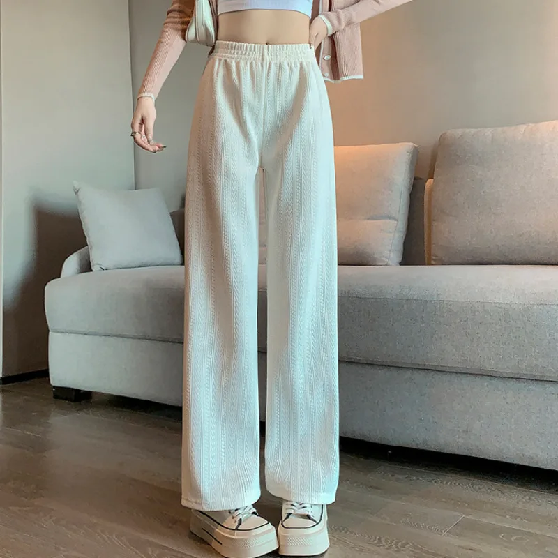 Women Sport Casual Pants Pleated Knitted Wide Leg Pants  Loose Outdoors Trousers Simple Homewear Elastic Waist Solid Colors