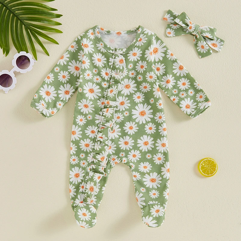 Baby Girl Footed Romper Long Sleeve Round Neck Daisy Print Ruffled Full Length Jumpsuit with Headband
