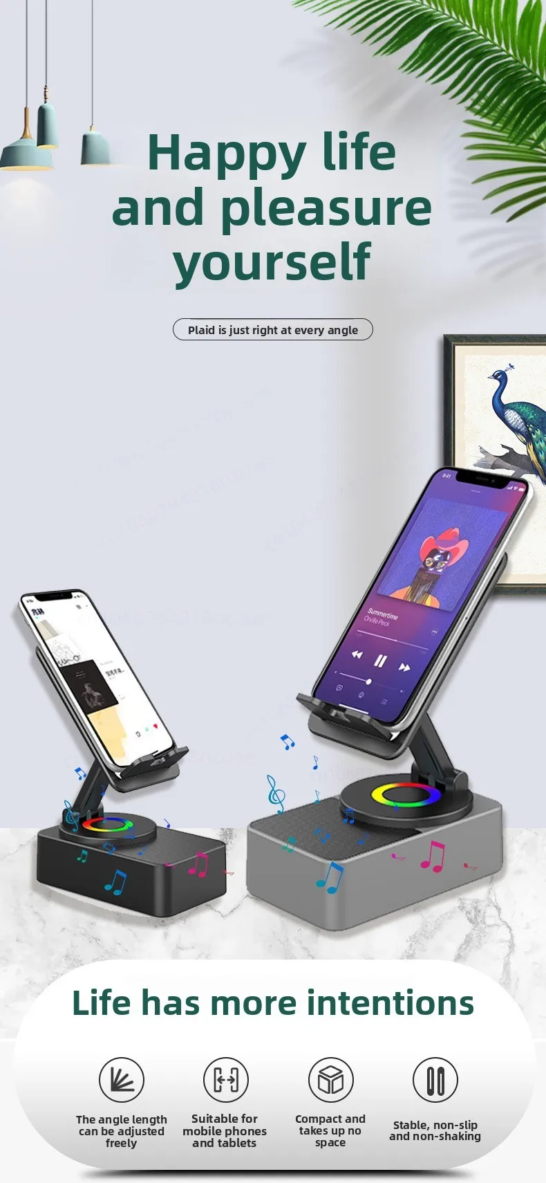 360° Rotating Phone Stand with Bluetooth Speaker & Power Bank, Adjustable Tripod